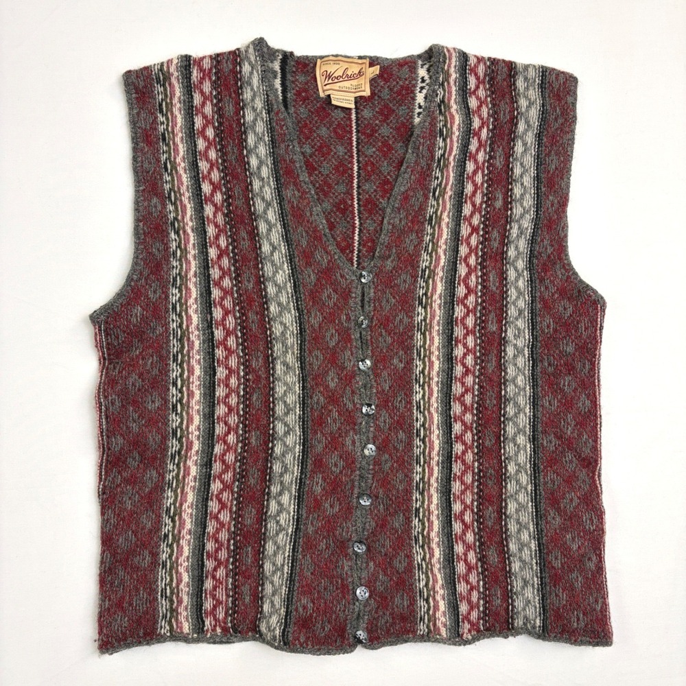 Woolrich‎ Mens Vintage 100% Wool Fair Isle Button Front Sweater Vest Red Grey L